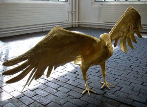 Hikaru Miyakawa, giragira meramera, 2007, paper, metal, modelling clay, gold foil, 90 x 140 cm